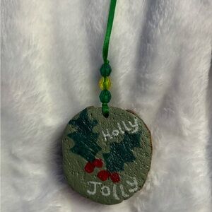 Holly Jolly Painted Wood Slice Ornament Decoration Christmas